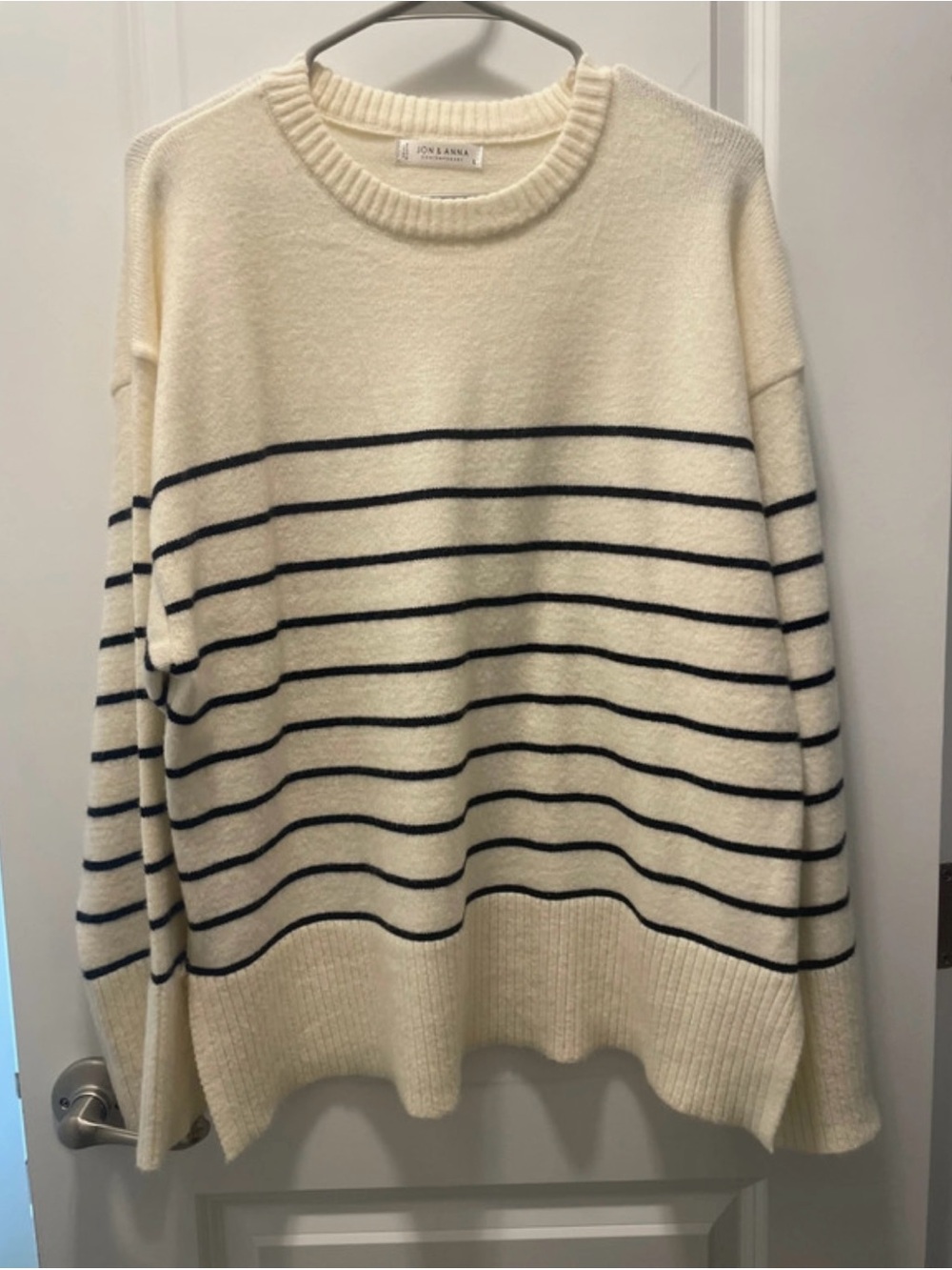 Jon & Anna Cream Crewneck Sweater with Navy Stripes